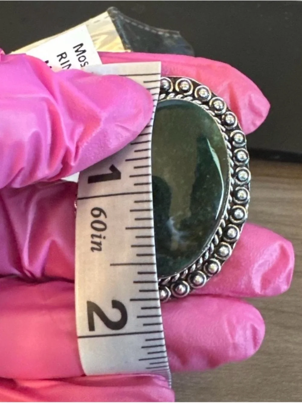 NWT-Green Moss Agate Oval Statement Ring with Silver-Tone Setting